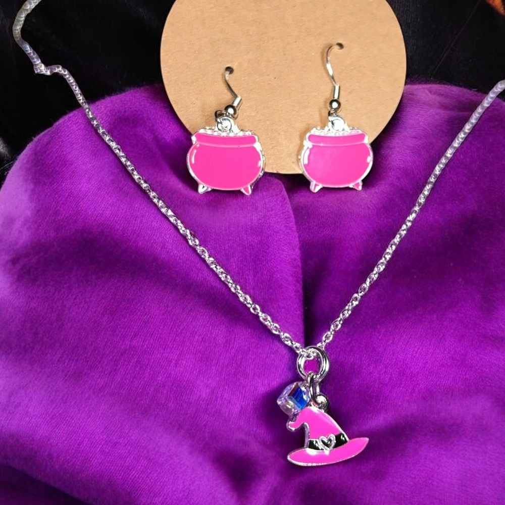 Handmade Sterling Silver Witchy Jewelry Earrings & Necklace Pink Set